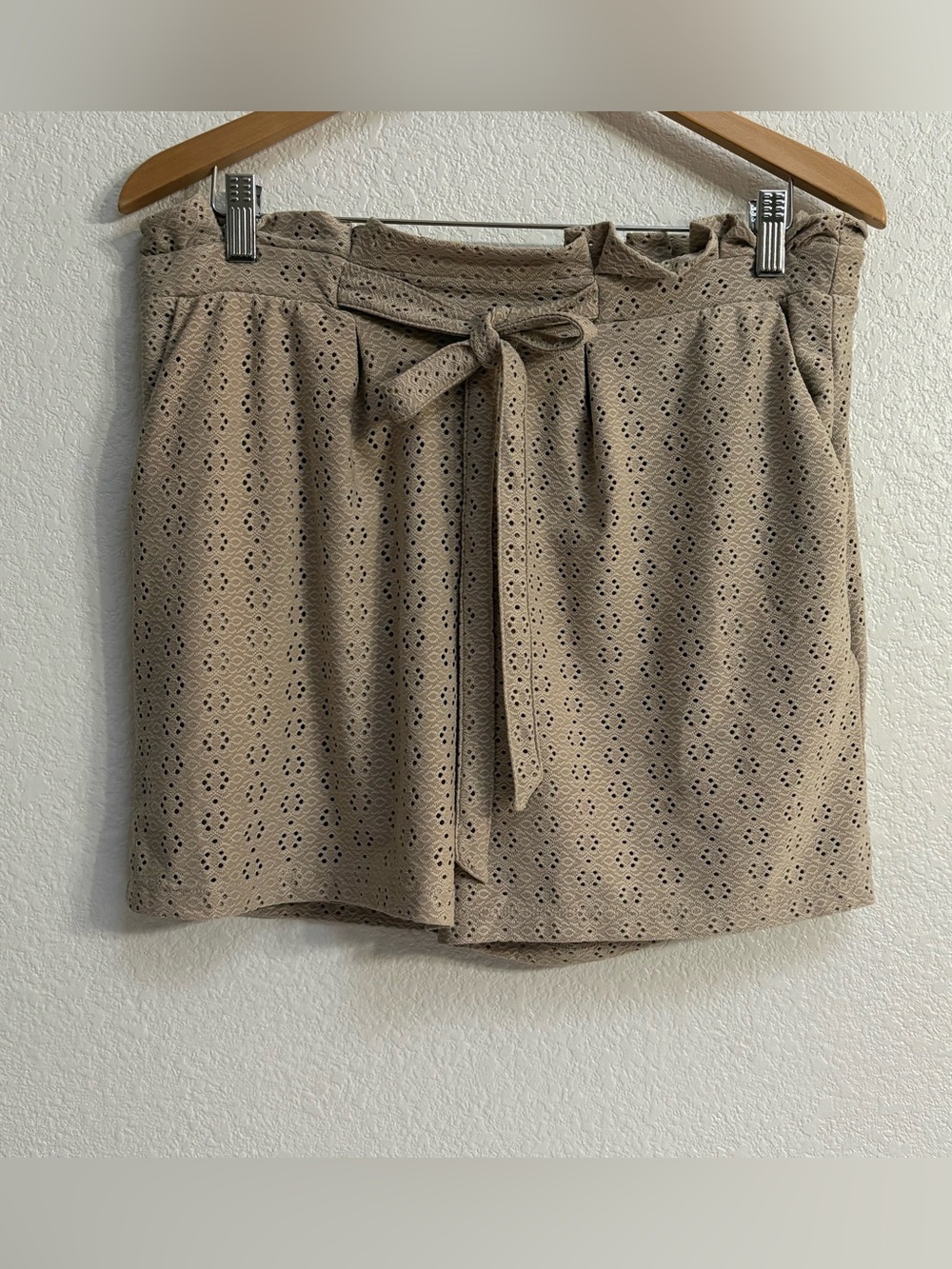 Beige Eyelet Tie-Waist Shorts